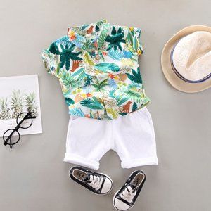 Boys Casual All Over Print Plant Flower Lapel Short Sleeve Shirt And Shorts Set